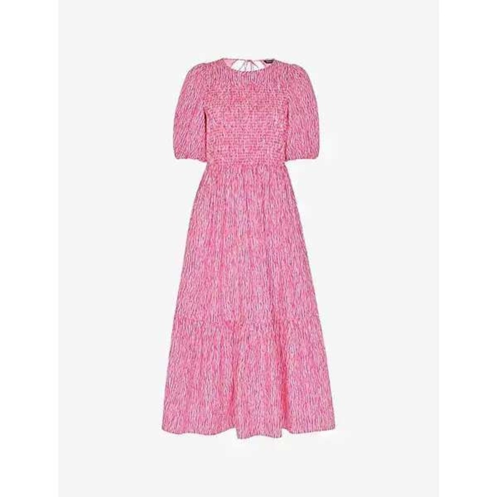 Whistles Pink Zebra Smocked Midi Dress Cotton Puff Sleeve‎ US 6 UK 10 Casual